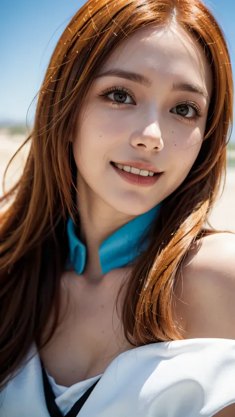 A hyper-realistic close-up portrait of a beautiful real-life woman inspired by Inoue Orihime from Bleach. She is smiling gently, with large expressive eyes, soft fair skin, and long flowing orange hair styled just like in the anime. She wears her iconic wh...