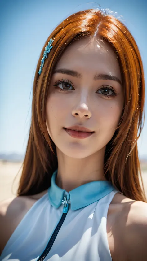 A hyper-realistic close-up portrait of a beautiful real-life woman inspired by Inoue Orihime from Bleach. She is smiling gently, with large expressive eyes, soft fair skin, and long flowing orange hair styled just like in the anime. She wears her iconic wh...