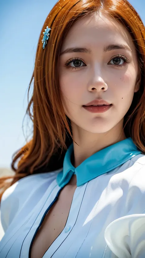 A hyper-realistic close-up portrait of a beautiful real-life woman inspired by Inoue Orihime from Bleach. She is smiling gently, with large expressive eyes, soft fair skin, and long flowing orange hair styled just like in the anime. She wears her iconic wh...