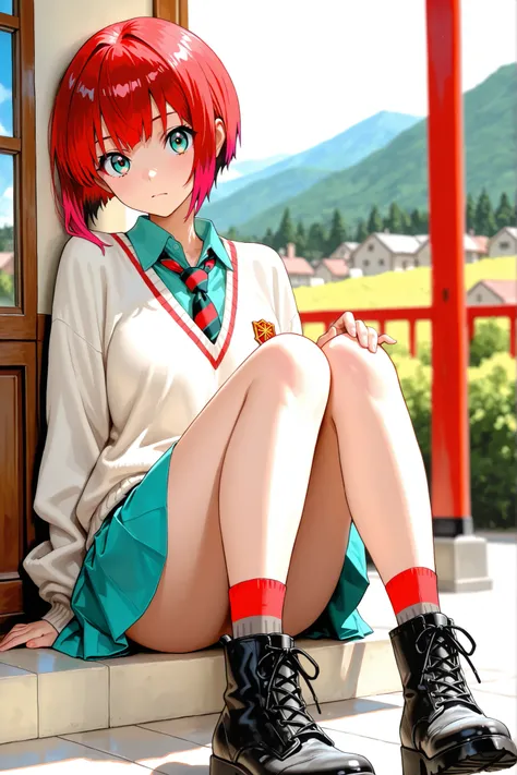 1girl, amate yuzuriha,short hair,red hair,multicolored hair,aqua eyes,multicolored eyes,aqua shirt,striped necktie,white sweater,aqua skirt,grey socks,black boots, depth of field, fake traditional media, Picturesque, Impressionism, masterpiece, high score,...