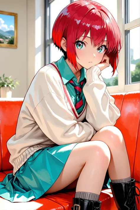 1girl, amate yuzuriha,short hair,red hair,multicolored hair,aqua eyes,multicolored eyes,aqua shirt,striped necktie,white sweater,aqua skirt,grey socks,black boots, depth of field, fake traditional media, Picturesque, Impressionism, masterpiece, high score,...