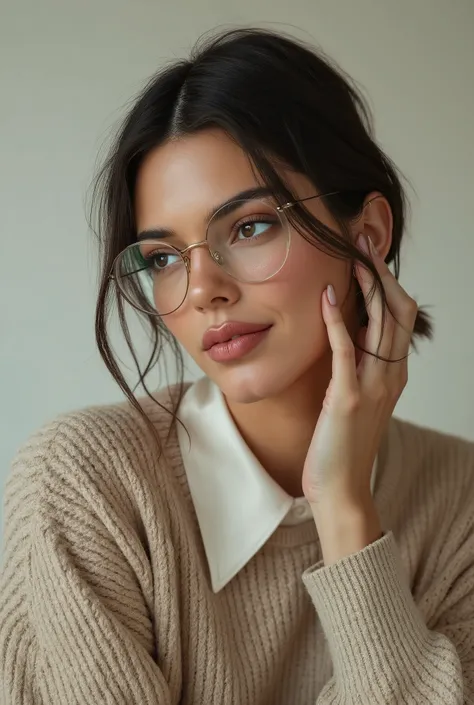 arafed woman wearing a collared satin blouse under a crewneck sweater, warm smile, gorgeous eyes, glasses