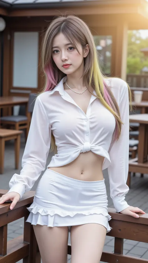 1 girl, ((long dark-grey hair mixed with yellow and white and pink hair on shoulder)), RAW photo, (highest quality),high resolution, Ultra detailed, Best quality, (photorealistic: 1.2), (realistic skin texture: 1.5), young female,(long legs, high wearlegs,...