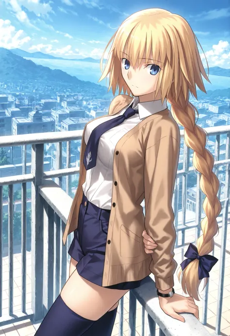 masterpiece, , absurdres, highres, detailed background, high resolution, masterpiece, necessary, detail, best quality, quality, necessary, details, High details, Precise, outdoors, in japan, , from above, from side, blue sky, arm support on railing,       ...