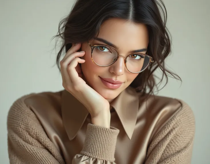 arafed woman wearing a collared satin blouse under a crewneck sweater, warm smile, gorgeous eyes, glasses
