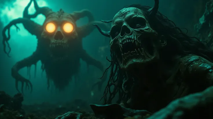 A nightmarish scene unfolds in a dim, eerie environment filled with a dense mist that casts a bluish-green hue over everything. Dominating the foreground is a ghastly creature with a decayed, mummified appearance. Its skeletal face is devoid of flesh, with...