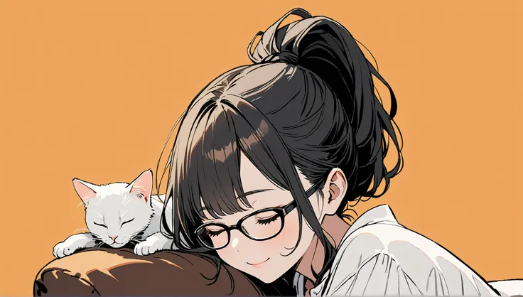 (orange background))、((alone)),、(()),((White cat)),((sleeping on the sofa),((Front view)),Smile,((black hair ponytail hairstyle)),(((black-rimmed glasses))),masterpiece, Highest quality, Beautiful attention to detail, Very detailed, In detail, High resolut...