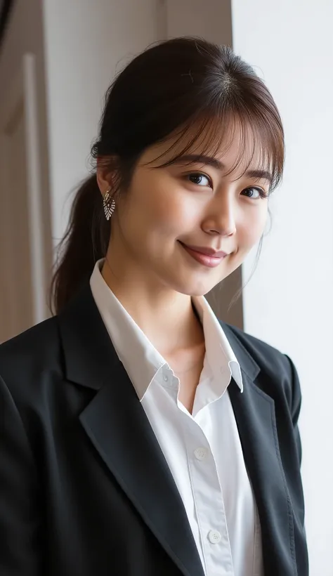 Neat Young Woman、and look at the camera、office lady suit、jacket、shirt、necklace、ear piercing、、smile showing teeth、背景はオフィス