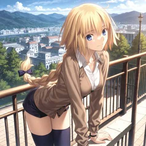 masterpiece, , absurdres, highres, detailed background, high resolution, masterpiece, necessary, detail, best quality, quality, necessary, details, High details, Precise, outdoors, in japan, , from above, from side, blue sky, arms support on railing,      ...