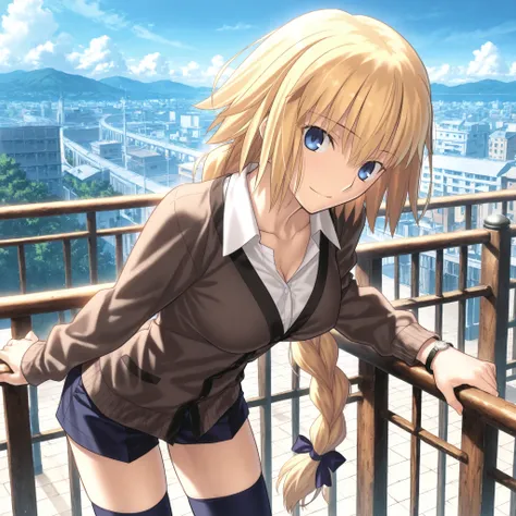 masterpiece, , absurdres, highres, detailed background, high resolution, masterpiece, necessary, detail, best quality, quality, necessary, details, High details, Precise, outdoors, in japan, , from above, from side, blue sky, arms support on railing,      ...