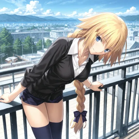 masterpiece, , absurdres, highres, detailed background, high resolution, masterpiece, necessary, detail, best quality, quality, necessary, details, High details, Precise, outdoors, in japan, , from above, from side, blue sky, arms support on railing,      ...