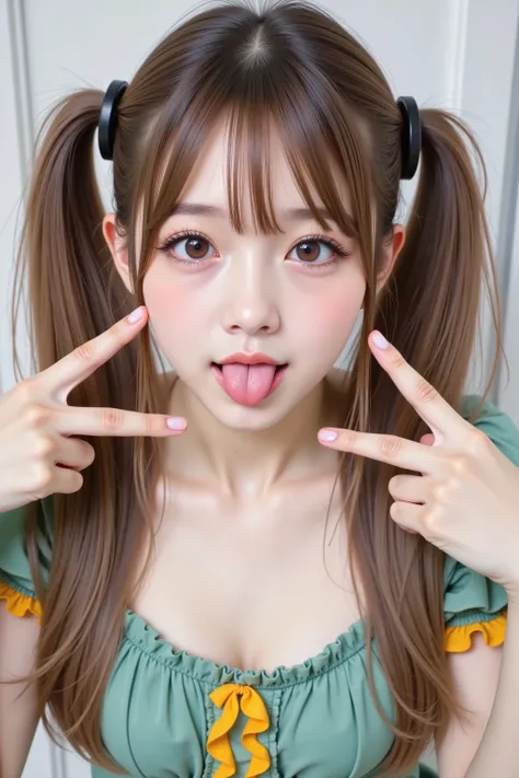 ((Selfie 2.0),  Young and radiant skin, Marshmallow-like cheeks , in the city,((Close-up of face 1.5)), ,((Place your index fingers under your eyes)), age 16 , ,1 woman short sleeve with thin green and yellow ruffles,shorts,((long twin tail)), Colorful Hai...