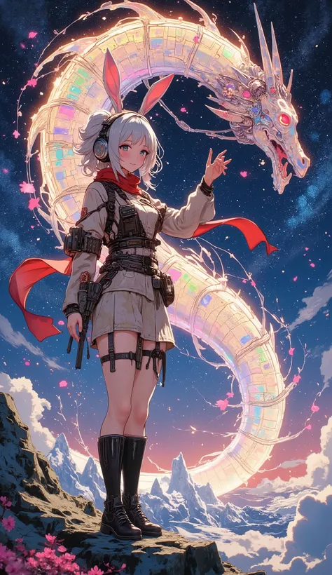 a female android that stands proudly in a swirling nebula of stars、its mechanical framework is a scar from past space battles Decorated with。debris from defeated machines and discarded metal drifts in zero gravity, Illuminated with dramatic lighting.Shinin...