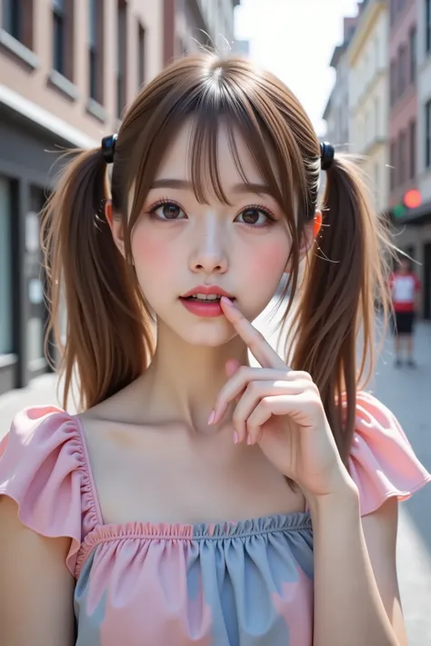 ((Condescending 1.8)) ,(fisheye lens 2.0),  Young and radiant skin, Marshmallow-like cheeks , in the city,((Close-up of face 1.5)), ((bulges cheeks 1.2)),((Don't look at the viewer 1.8)), ((looking away)),((Point someone on your lips and lightly hold your ...