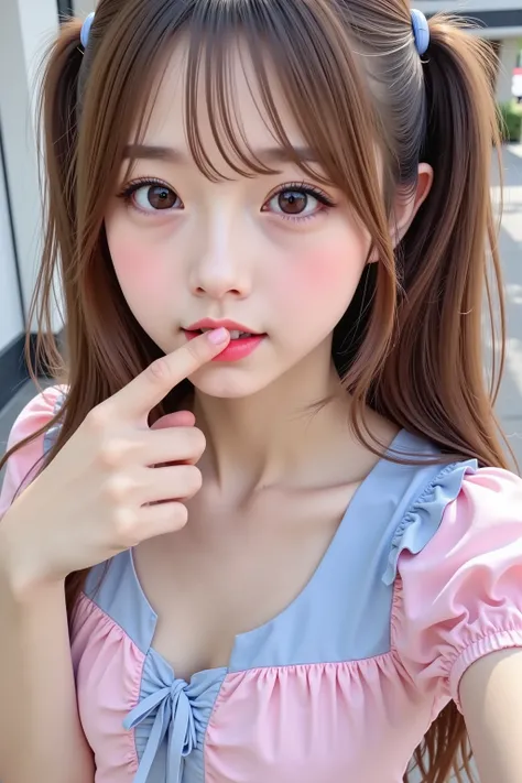 ((Condescending 1.8)) ,(fisheye selfie 2.0),  Young and radiant skin, Marshmallow-like cheeks , in the city,((Close-up of face 1.5)), ((bulges cheeks 1.2)),((Don't look at the viewer 1.8)), ((looking away)),((point your finger on your lips)), age 16 , ,1 w...
