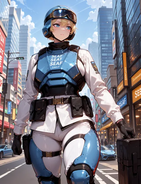((masterpiece, best quality:1.4,extremely detailed, detail face, detail eyes)), illustration, 8k, hd, 1female, (tall lady), whole body pic, solo, girl, adult body, short blond hair, blue eyes, , blue headwear , combat helmet , goggles on headwear , blue ey...