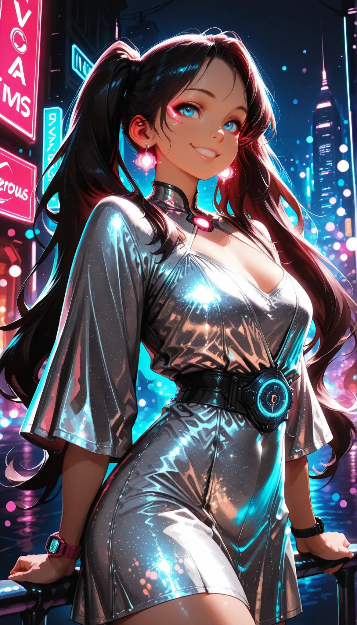 Very young woman, silver dress,  Glowing Accessories , super long hair, long twin tail, Smile Yan, Watch Viewers, cowboy shot, Realistic, high definition, extreme detail, Professional, vivid colors, Bokeh, Night City,  gorgeous , Cyberpunk, fantasy, Portra...