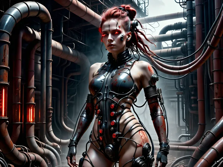 full-body portrait of a semi-realistic female biopunk cyborg monster, standing in an industrial sci-fi wasteland, her body covered in thick transparent and opaque tubes, wires, hoses coiling around her limbs and spine, exposed synthetic muscles and biomech...