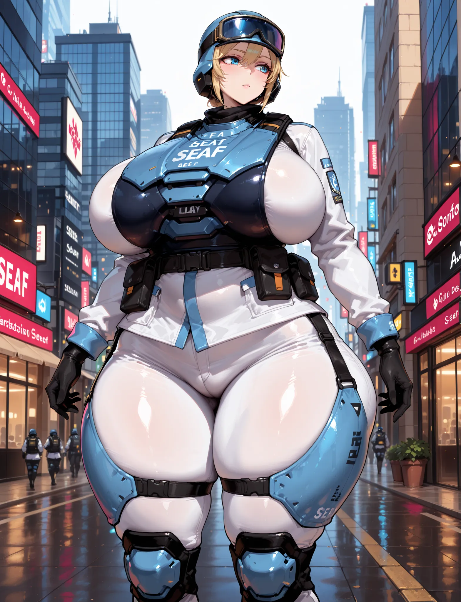 ((masterpiece, best quality:1.4,extremely detailed, detail face, detail eyes)), illustration, 8k, hd, 1female, (tall lady), whole body pic, solo, girl, adult body, short blond hair, blue eyes, , blue headwear , combat helmet , goggles on headwear , blue ey...