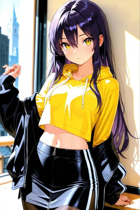 1girl, Nyann, long hair, yellow eyes, dark purple hair, hair between eyes,tight cropped skirt,black tights,yellow shirt, midriff tops, navel ,black opened zip up hoodie with a white stripe,depth of field, fake traditional media, Picturesque, Impressionism,...