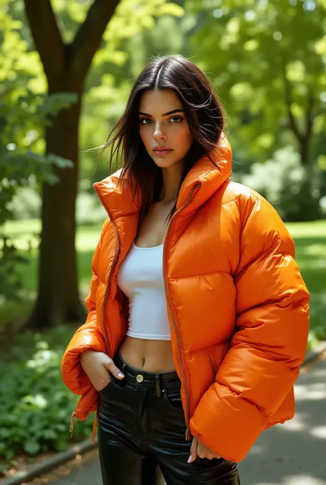arafed woman, masterpiece, best quality, (photorealistic:1.4), (shiny orange cropped PUFFER JACKET over white tank top:1.1), (leather jeans:1.2) heels, in the New York Central Park, sunny day, cinematic light, photo taken from a distance,