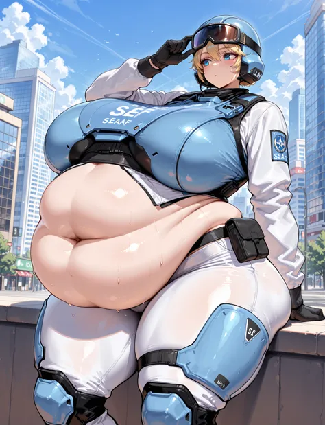 ((masterpiece, best quality:1.4,extremely detailed, detail face, detail eyes)), illustration, 8k, hd, 1female, (tall lady), whole body pic, solo, girl, adult body, short blond hair, blue eyes, , blue headwear , combat helmet , goggles on headwear , blue ey...
