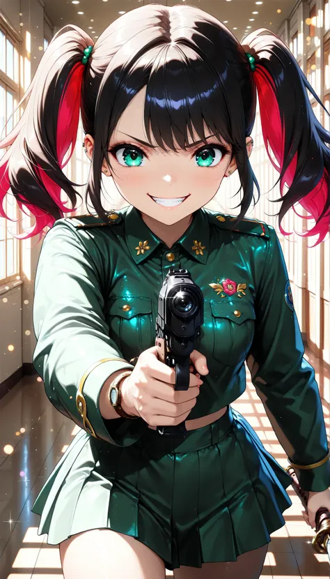 female military man with super long twin tails,crazy smile,High Quality,real,Portrait,Dramatic,Rich colors,4K rendering,Physically-based lighting,Super delicate texture,Detail Focused,sharp focus,Immersive Realistic Feeling,Dramatic look,Professional with ...
