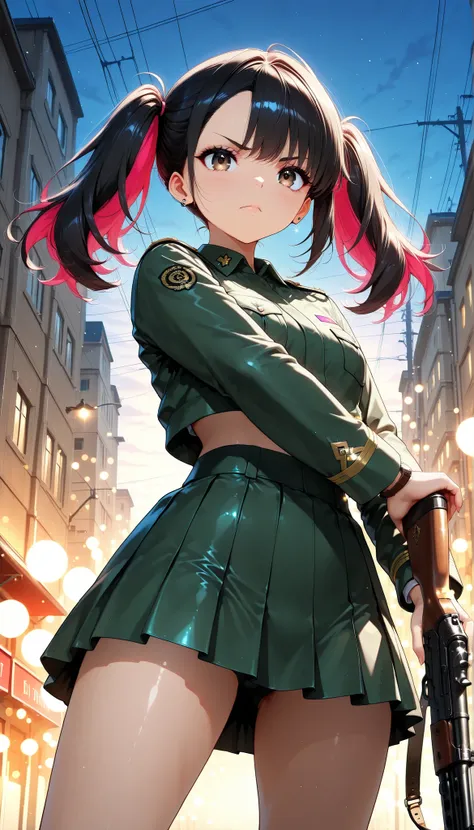 female military man with super long twin tails,egao,High Quality,real,Portrait,Dramatic,Rich colors,4K rendering,Physically-based lighting,Super delicate texture,Detail Focused,sharp focus,Immersive Realistic Feeling,Dramatic look,Professional with no gaps...