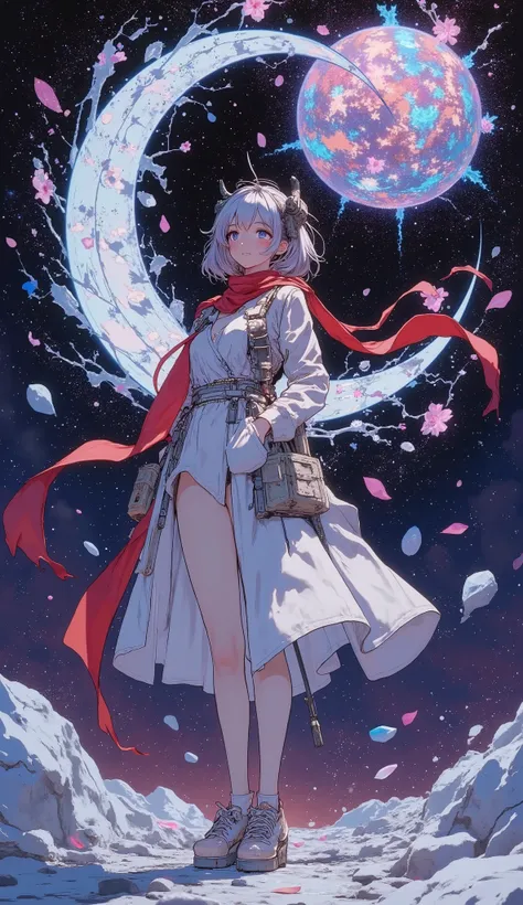 a female android that stands proudly in a swirling nebula of stars、its mechanical framework is a scar from past space battles Decorated with。debris from defeated machines and discarded metal drifts in zero gravity, Illuminated with dramatic lighting.Shinin...