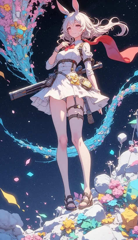 a female android that stands proudly in a swirling nebula of stars、its mechanical framework is a scar from past space battles Decorated with。debris from defeated machines and discarded metal drifts in zero gravity, Illuminated with dramatic lighting.Shinin...