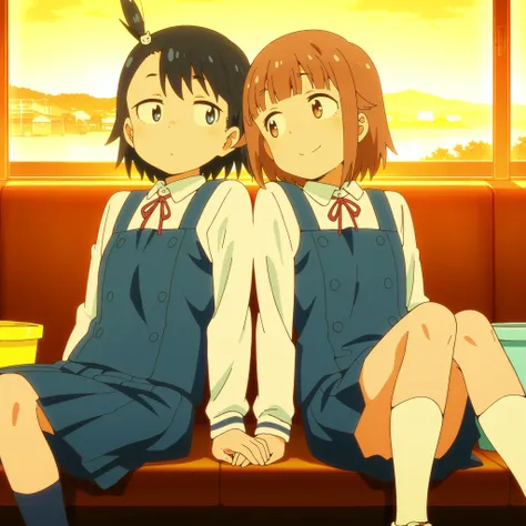 best quality, high quality,amazing quality,highres, absurdres, newest,Anime screencap,anime screencap,anime coloring,highly detailed illustrations, perfect anatomy,perfect finger,(side-by-side:0.2),2girls, BREAK "tsurugi hina\ (houkago teibou nisshi\), bro...