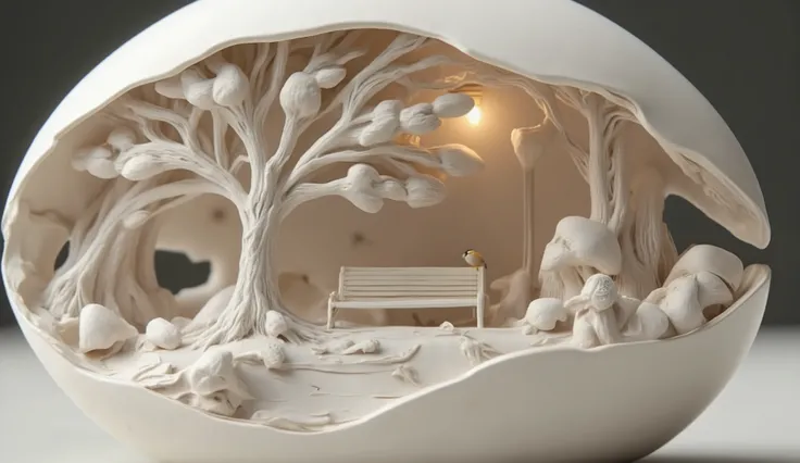 ZOZ_XUANHUAN A masterpiece in an eggshell: A miniature landscape unfolds, Made with precision using Chinese carving techniques. Little tree 々, bird sitting on park bench, And the flow swirls within the delicate eggshell canvas, As if painted with a tiny br...