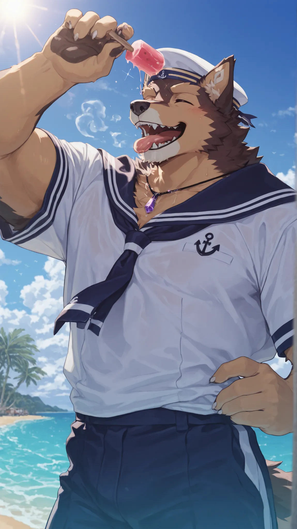 masterpiece, best quality, 8K resolution, HDR, sharp focus, vibrant colors, anime cel-shading style, semi-realistic anime,Pubraseer standing energetically on a sunny beach, 
wearing a crisp navy blue sailor uniform with white trim, classic sailor cap tilte...