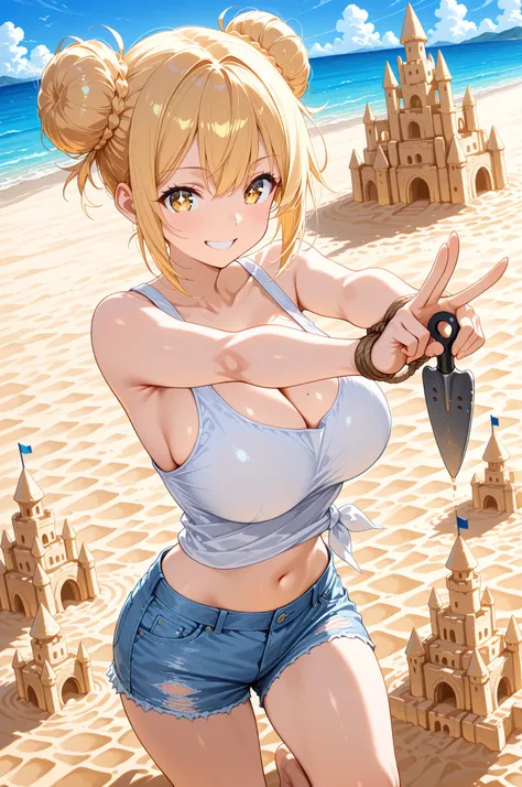 masterpiece, best quality, flat anime, score_9_up, score_8_up, score_7_up, illustration, anime artwork
BREAK
1girl, solo, 20-year-old Japanese adult woman, knee-up shot, vertical composition, a proud, sunny smile as she shows a peace sign to the viewer, he...