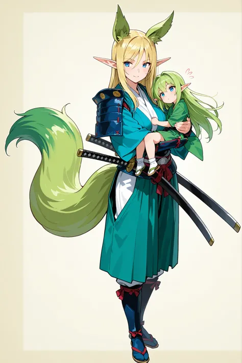 sword, lady, elf, fantasy, samurai, Elven samurai troops. All have green twin-tail hair. They wear traditional Japanese clothing and carry Japanese swords.