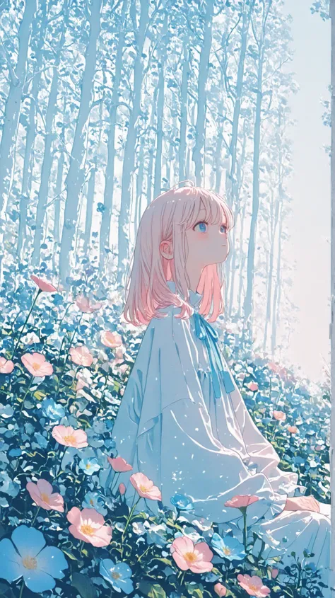 (((white森の中で))) 、 Pale blue flowers , very light pink flowers in the white forest, white、 Eye Catching 、beautiful scenery、Light blue scenery、Wallpaper、Amazing Background、 everything is in harmony 、pastel、pale blue color