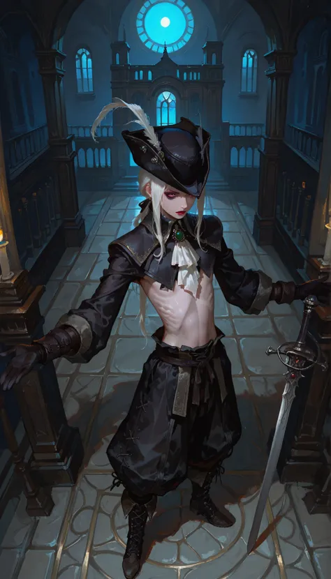 Mrs. Maria, White hair, ,VIEW FROM ABOVE, hat feather ,, small breasts, flat chest, baggy black clothes, black baggy pants, , , makeup, tall, skinny, in a mansion, standing, open arms, full body shot, boots, round black gloves,  at night ,  a sword in her ...