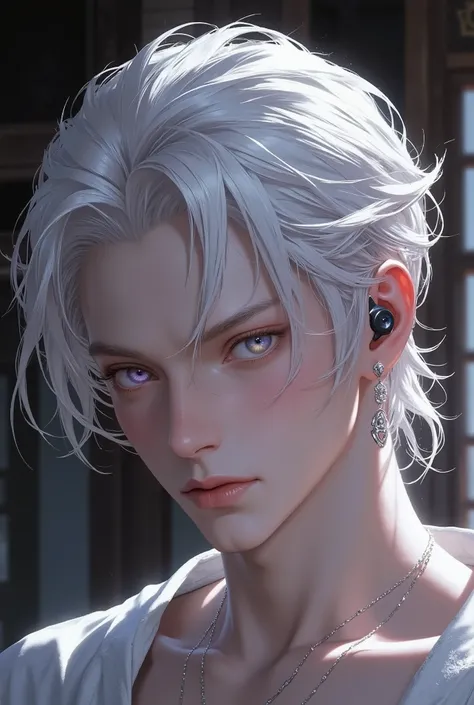 1male, Medium hair, Tied-Back Hair, Middle-age boy, ((Silver Hair)), Flawless Golden Purple Eyes, Hanafuda Earring, Perfect abs, chest, handsome, Hi-Tech Headphones, Close-Up, Intimidating Expression, Background japanese room,