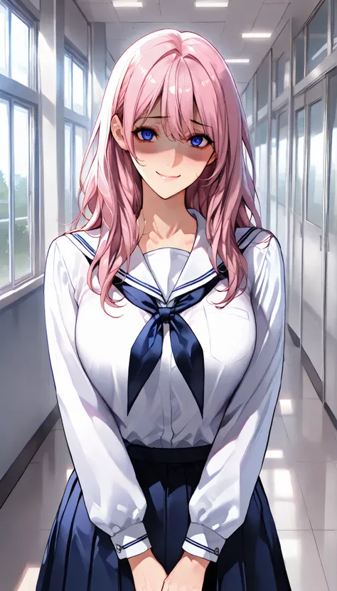 SOLO,Modern Backgrounds,A female with slim body(older girl),blue eyes,shiny skin,(Wearing A loose JK skirt),(White school uniform),In The school,(Yandere),light smile,Pink long hair),UHD, SOLO, anatomically correct, masterpiece, textured skin, high details...