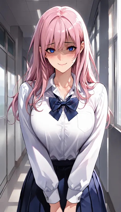 SOLO,Modern Backgrounds,A female with slim body(older girl),blue eyes,shiny skin,(Wearing A loose JK skirt),(White school uniform),In The school,(Yandere),light smile,Pink long hair),UHD, SOLO, anatomically correct, masterpiece, textured skin, high details...