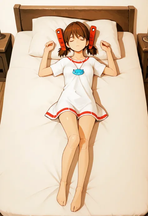  A mechanical lady is very short pigtails, brown hair, Hair tie with two red big crimson red clothespins, android, blue eyes, anime picture. angle from directly side view. full body figure. barefoot. she is laying in bed. She wares only simple white shirt....