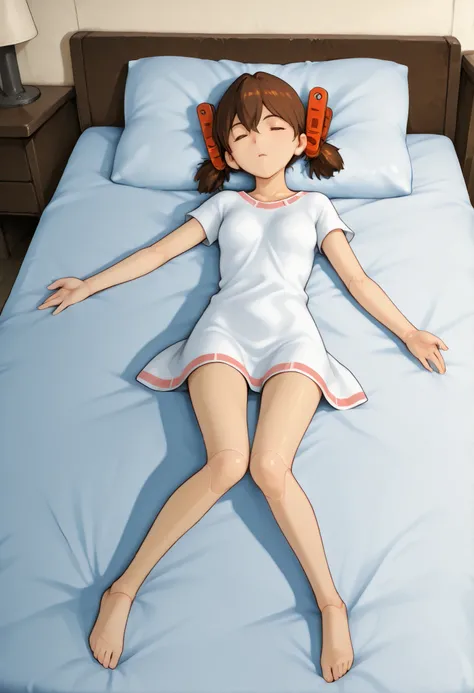  A mechanical lady is very short pigtails, brown hair, Hair tie with two red big crimson red clothespins, android, blue eyes, anime picture. angle from directly side view. full body figure. barefoot. she is laying in bed. She wares only simple white shirt....