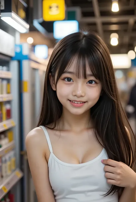 Buy PET bottles at a convenience store late at night, Smile, big smiles lining up at the bar, Beautiful Eyes, Shine, elementary school student, long dark hair, the cutest in the world
