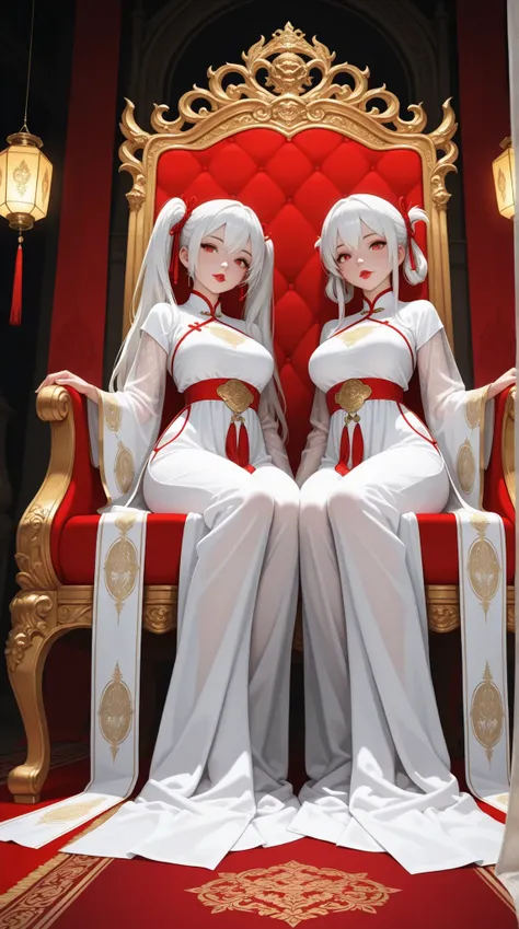 ultra-detailed 2.5D Japanese beautiful empress with regular twin tails hairstyle tied with silk ribbons, large bust, sitting high on an ornate golden dragon throne, legs confidently crossed, viewed from extreme low angle (super low angle), wearing a tight ...
