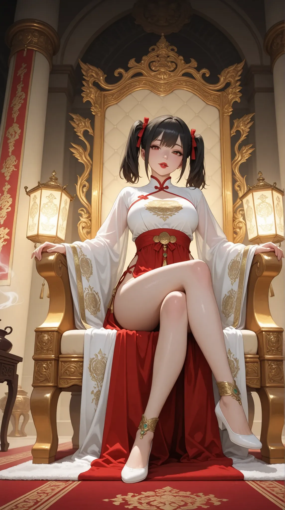 ultra-detailed 2.5D Japanese beautiful empress with regular twin tails hairstyle tied with silk ribbons, large bust, sitting high on an ornate golden dragon throne, legs confidently crossed, viewed from extreme low angle (super low angle), wearing a tight ...