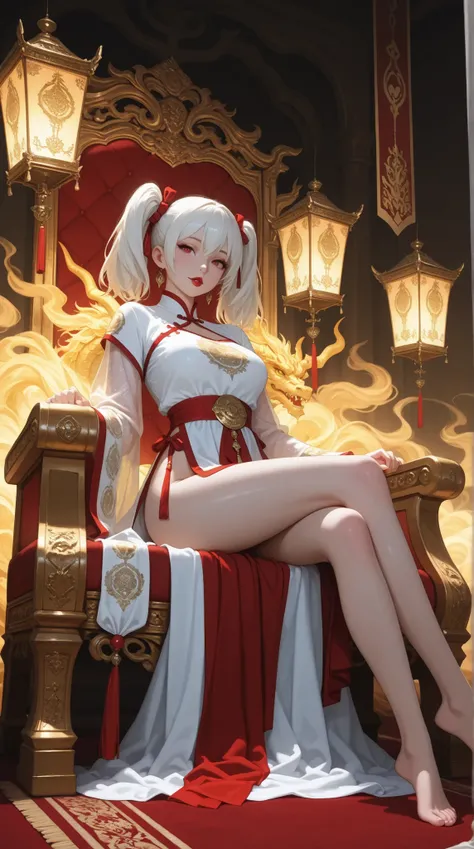 ultra-detailed 2.5D Japanese beautiful empress with regular twin tails hairstyle tied with silk ribbons, large bust, sitting high on an ornate golden dragon throne, legs confidently crossed, viewed from extreme low angle (super low angle), wearing a tight ...