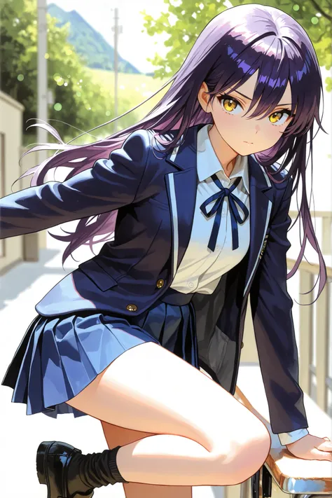 1girl, Nyann, long hair, yellow eyes, dark purple hair, hair between eyes,school uniform, shoes, jacket, pleated skirt, shirt, white shirt, blue skirt, ribbon, socks, collared shirt, neck ribbon depth of field, fake traditional media, Picturesque, Impressi...