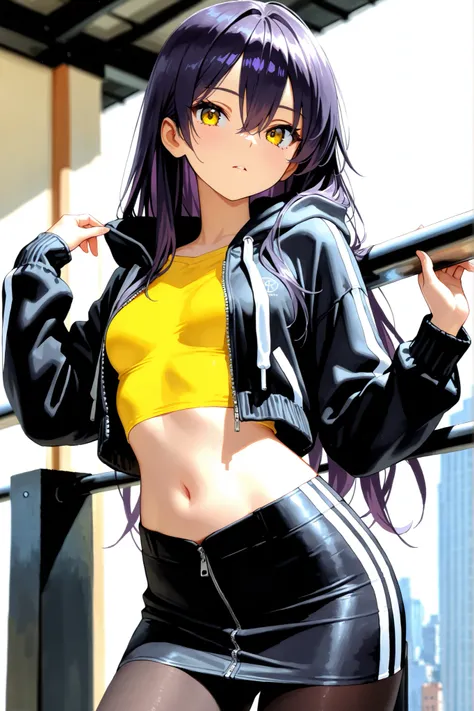 1girl, Nyann, long hair, yellow eyes, dark purple hair, hair between eyes,tight cropped skirt,black tights,yellow shirt, midriff tops, navel ,black opened zip up hoodie with a white stripe,depth of field, fake traditional media, Picturesque, Impressionism,...