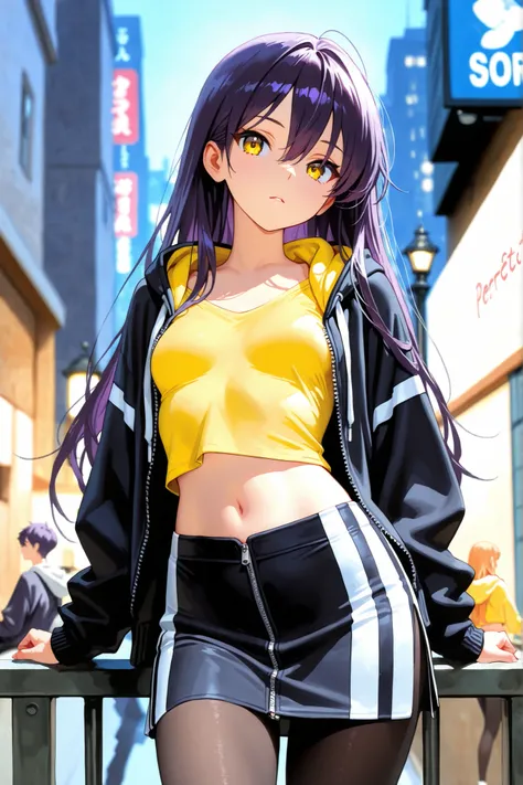 1girl, Nyann, long hair, yellow eyes, dark purple hair, hair between eyes,tight cropped skirt,black tights,yellow shirt, midriff tops, navel ,black opened zip up hoodie with a white stripe,depth of field, fake traditional media, Picturesque, Impressionism,...