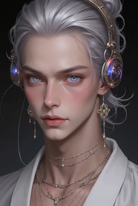 1male, Medium hair, Tied-Back Hair, Middle-age boy, ((Silver Hair)), Flawless Golden Purple Eyes, Hanafuda Earring, Perfect abs, chest, handsome, Hi-Tech Headphones, Close-Up, Intimidating Expression, Background japanese room,
